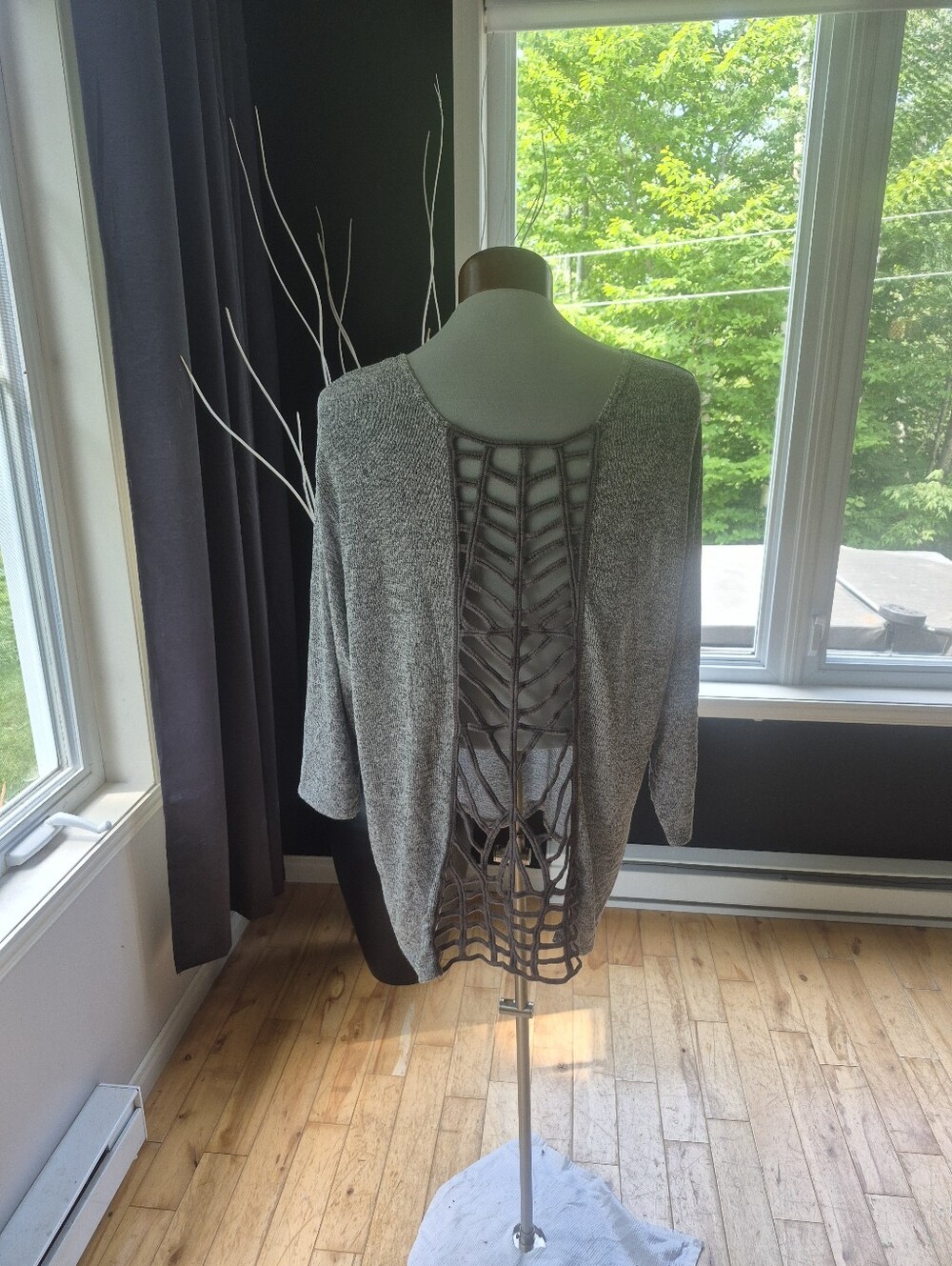 Gray Open-Back Knit Sweater with Braided Detail